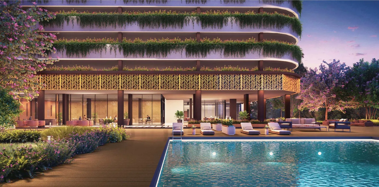 Lodha Haven — Poolside sunset view with tower