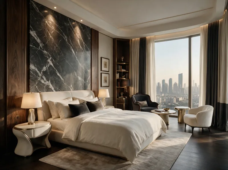 Master bedroom with a marble headboard wall and skyline view