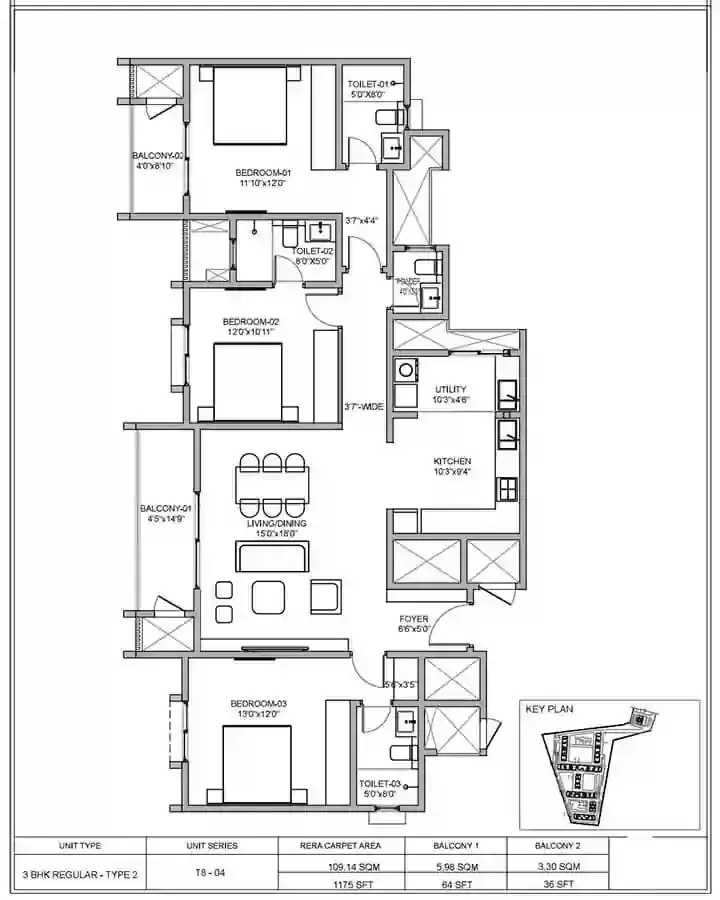 3 BHK Compact floor plan