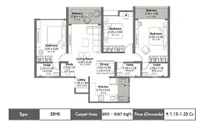 Kohinoor Avantara 3 BHK floor plan, Wakad, Pune