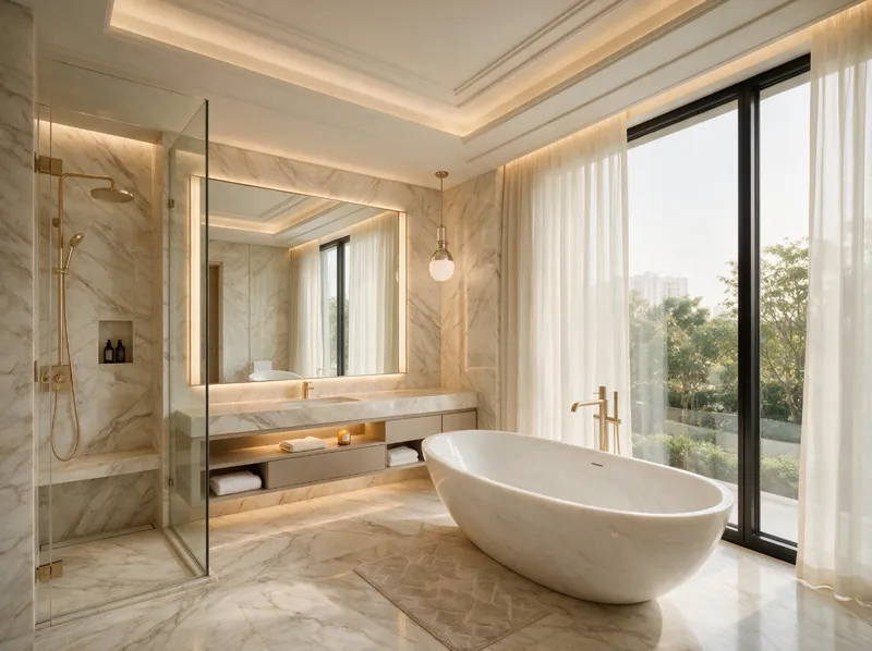 Marble bathroom with a freestanding tub and garden view