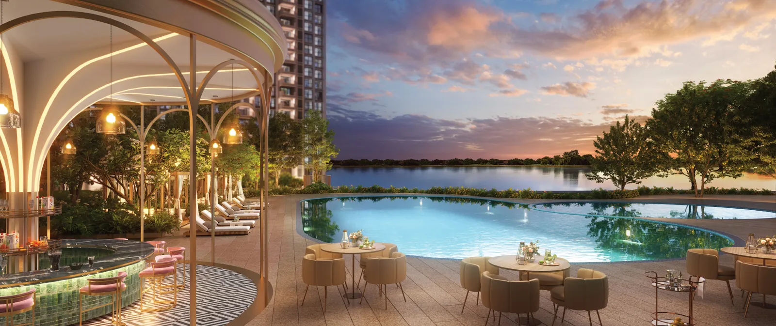 Lodha Elanza — Poolside sunset view with tower