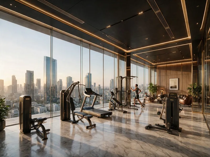 Panoramic fitness studio facing the city skyline