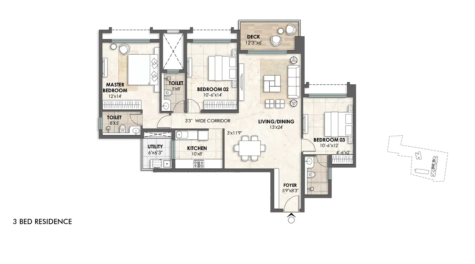 3 Bed w/Study Residence Floor Plan