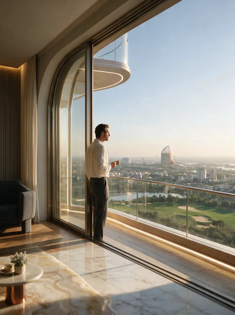 Resident on a wide balcony overlooking the golf greens and city