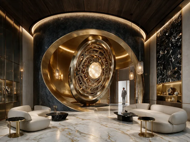 The arrival lobby with its sculpted rose-gold movement centrepiece